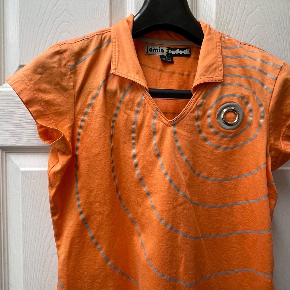 Vintage Jamie Sadock Women's Sz Small Orange & Gold Metallic V-Neck Polo Shirt